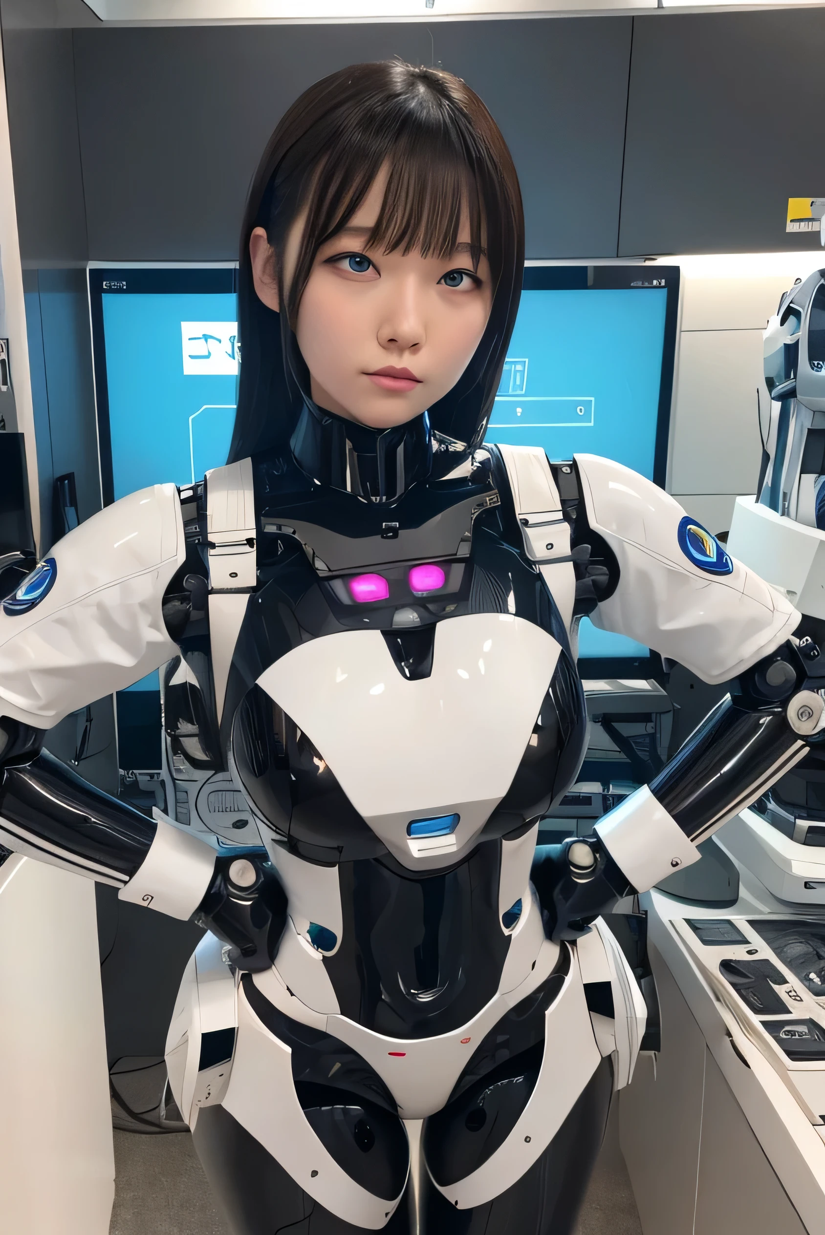 masutepiece, Best Quality, Extremely detailed, 8K Portrait,1girl in, japanese android girl,android teacher,Plump , control panels,android,Droid,Mechanical Hand, ,Robot arms and legs, Black hair,Mechanical body,Blunt bangs,White Robotics Parts,perfect robot woman,Charging spot,Long Tube,A thick cable was connected to his neck.,ceramic body ,android,robot humanoid,Slightly Chubby,pantiy,complete eyes,Perfect machine body,White robot body,plants of the future,White and black uniform,pink accent costume,she repaired,clothes with a sense of mechanical technology,Robot Factory,black sponge joint,loose boots,blue eyes,rolling eyes