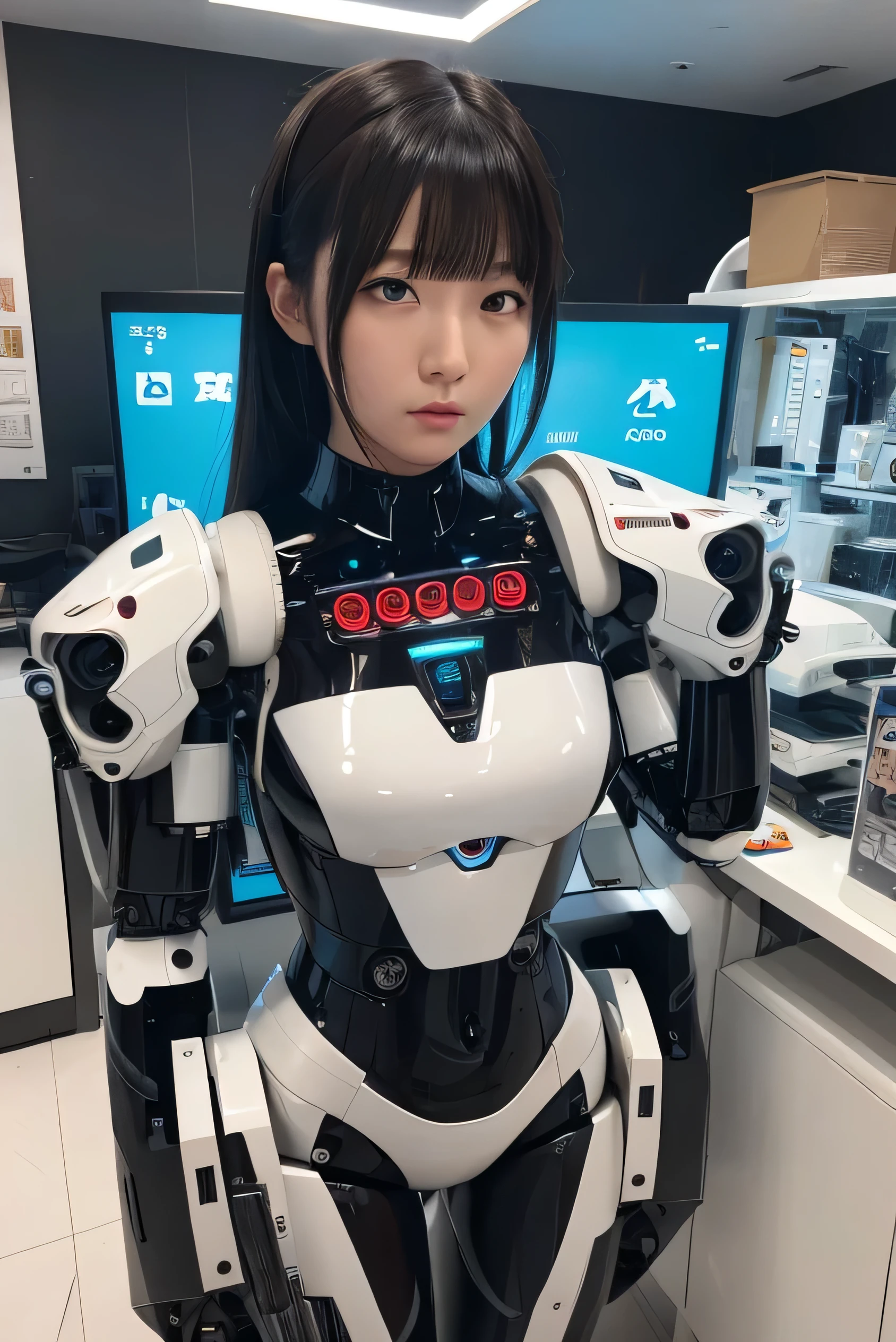 masutepiece, Best Quality, Extremely detailed, 8K Portrait,1girl in, japanese android girl,android teacher,Plump , control panels,android,Droid,Mechanical Hand, ,Robot arms and legs, Black hair,Mechanical body,Blunt bangs,White Robotics Parts,perfect robot woman,Charging spot,Long Tube,A thick cable was connected to his neck.,ceramic body ,android,robot humanoid,Slightly Chubby,pantiy,complete eyes,Perfect machine body,White robot body,plants of the future,White and black uniform,pink accent costume,she repaired,clothes with a sense of mechanical technology,Robot Factory,black sponge joint,loose boots,blue eyes,rolling eyes