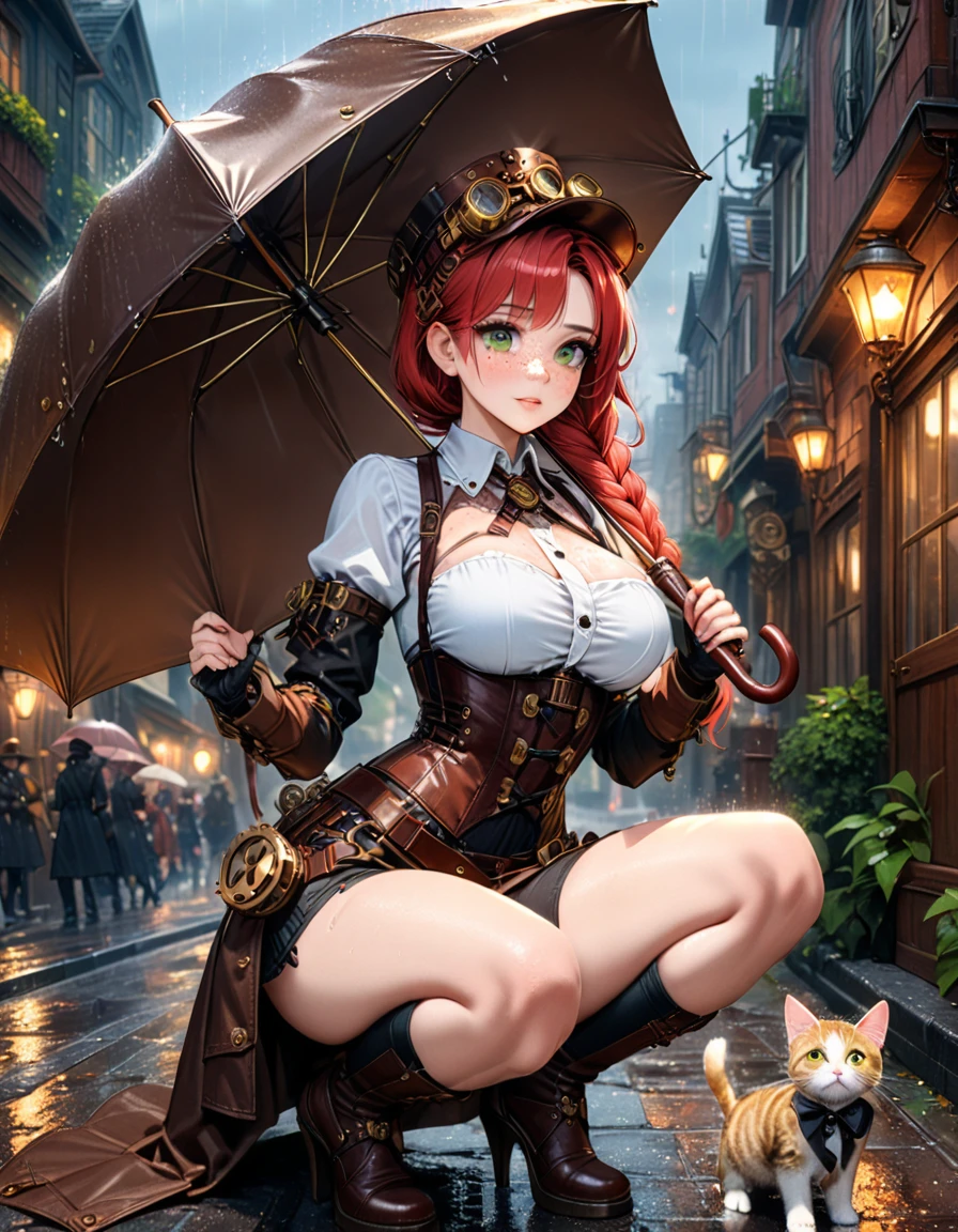 detailed textures, high quality, high resolution, high accuracy, realism, color correction, correct lighting settings, harmonious composition. Steampunk And a beautiful woman, Squatting in the rain, holding an umbrella, a box with a kitten under an umbrella, on a fantastic street, with freckles, green eyes and long red hair braided, in a corset with big breasts, a steampunk girl.--ar 3:4 --niji 6