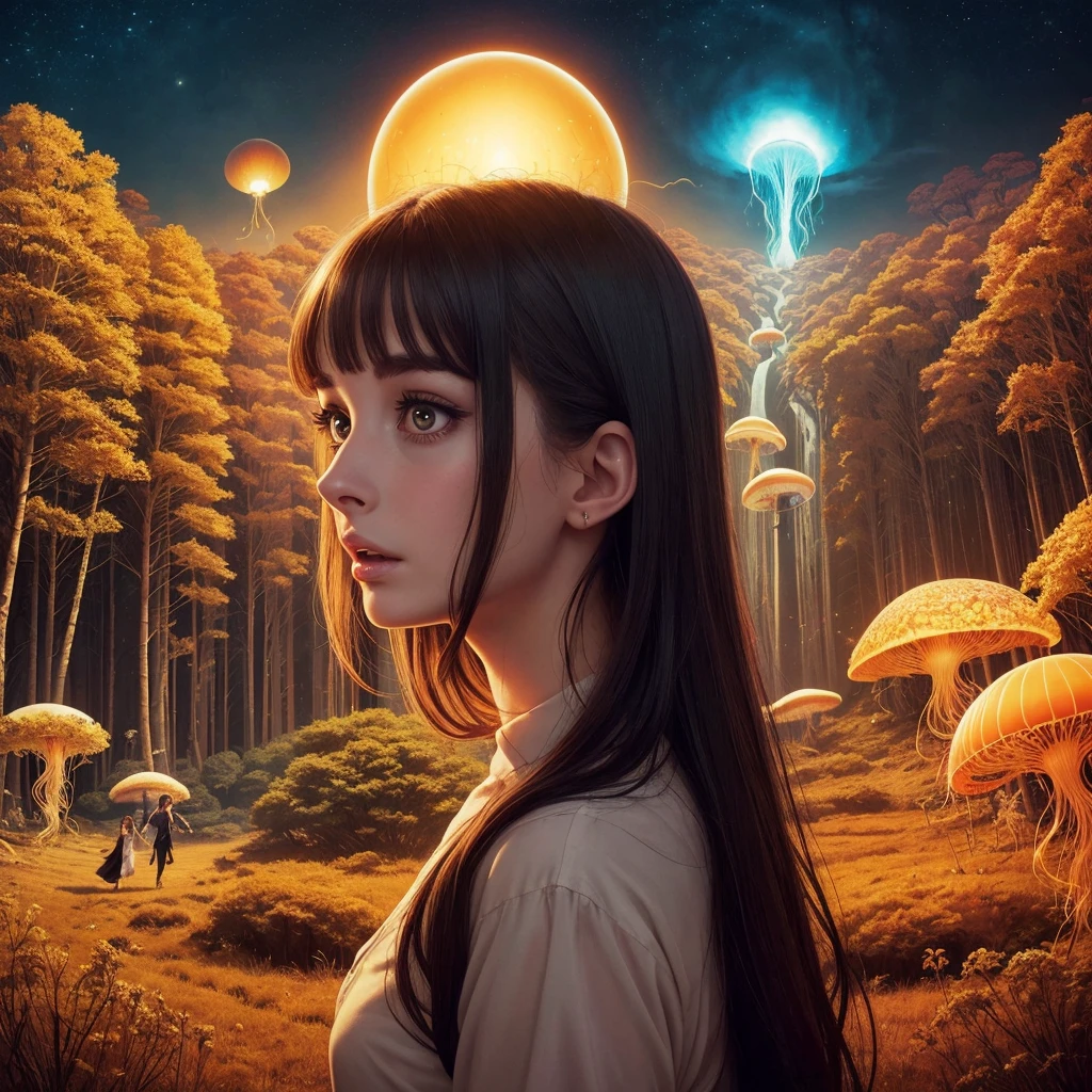 golden hour, paranormal activities, surreal portrait of a beautiful scared young woman with face of Audrey Hepburn morphed with Anne Hathaway screaming running away from taxes and dancing, colorful forrest with weird trees, log palace, gigantic jellyfish ufo producing tornado whirlpool, aqueduct, psyhodelic horror mood, color pencil art in style of zdzisław beksiński