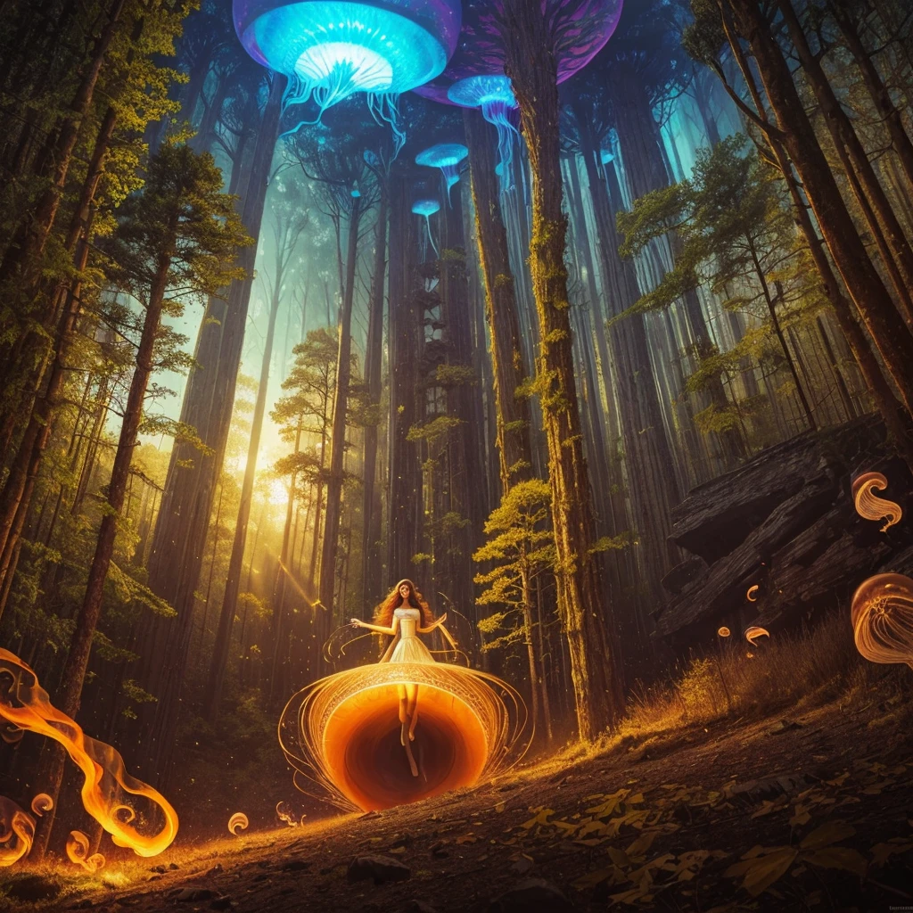 golden hour, paranormal activities, surreal portrait of a beautiful scared young woman with face of Audrey Hepburn morphed with Anne Hathaway screaming running away from taxes and dancing, colorful forrest with weird trees, log palace, gigantic jellyfish ufo producing tornado whirlpool, aqueduct, psyhodelic horror mood, color pencil art in style of zdzisław beksiński