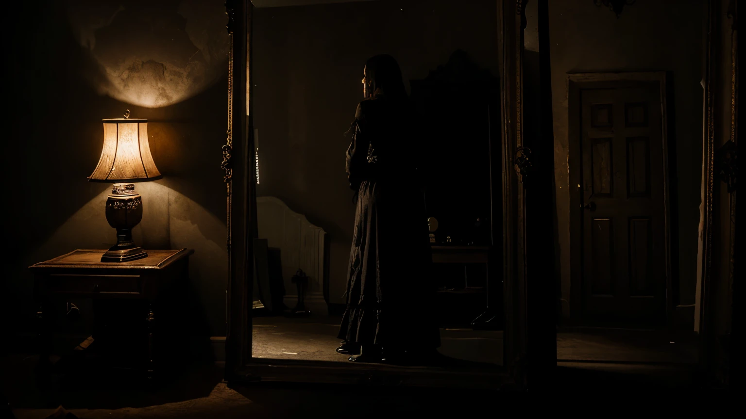 An antique mirror in a dimly lit room reflects a dark version of a woman, weak light creating shadows, 16:9, gothic style, surreal and haunting, deep emotional impact.