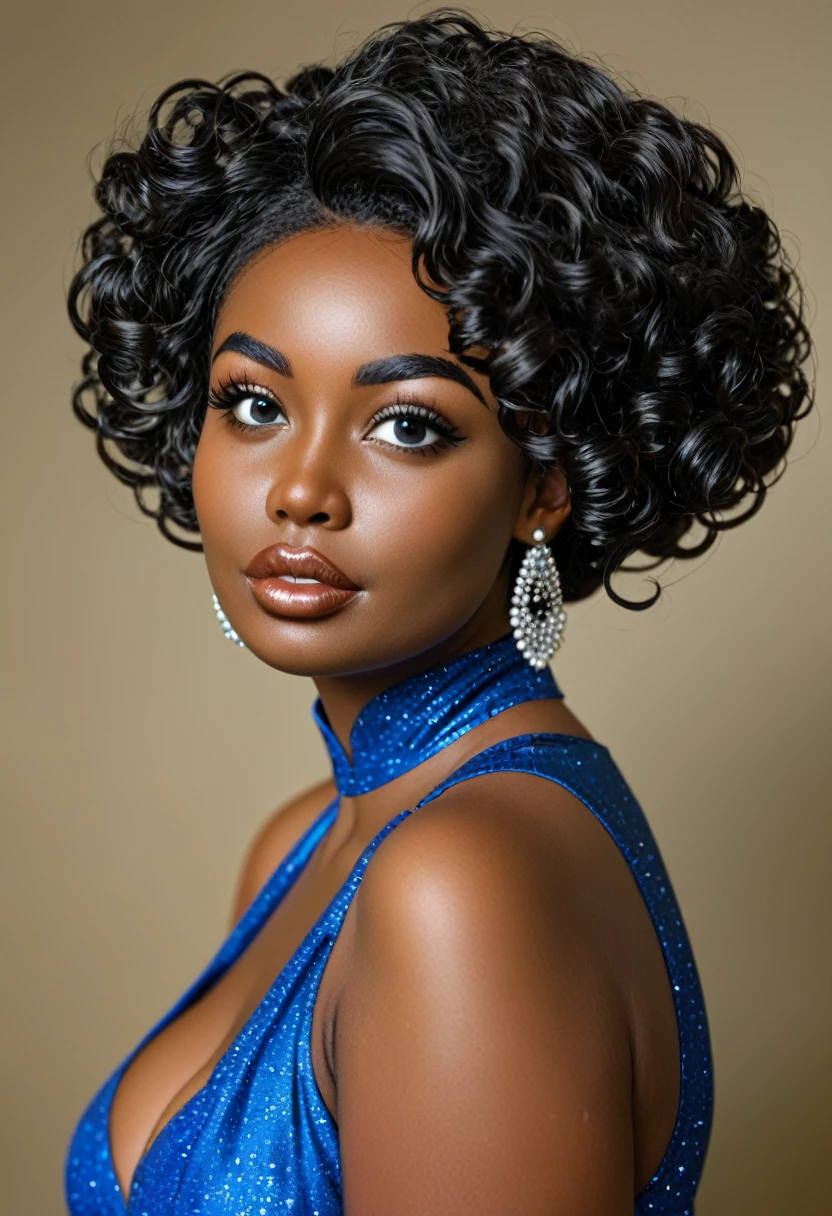 Image of a nineteen year old girl: She is a mulatta, She has dark skin, miniature face, big black doe eyes, Plump lips, thin eyebrows and sharp cheekbones. She has black curly hair. She is wearing a blue silk dress. The girl is incredibly beautiful.