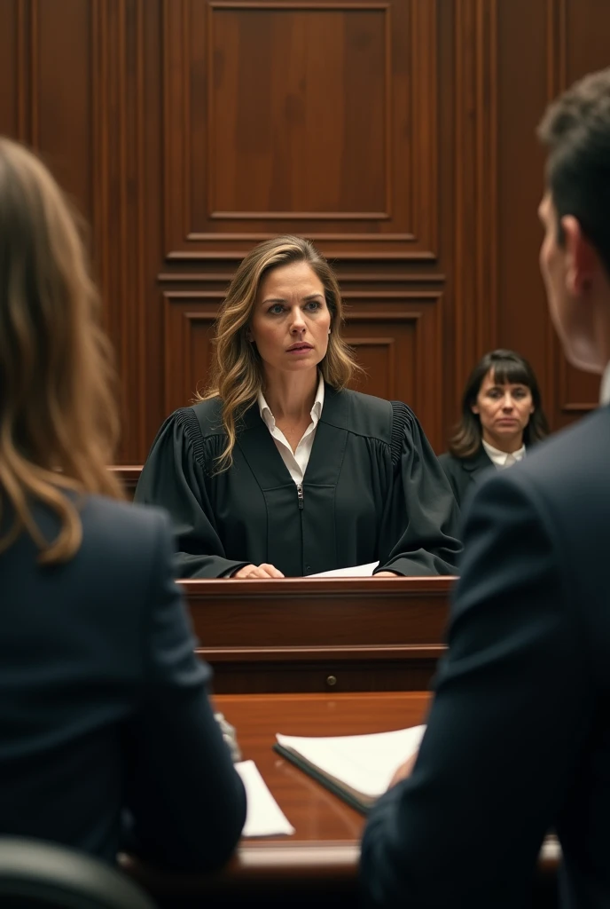 image of a court case (female judge) where the psychologist accuses her psychologist partner of stealing her patient (with her lawyers)