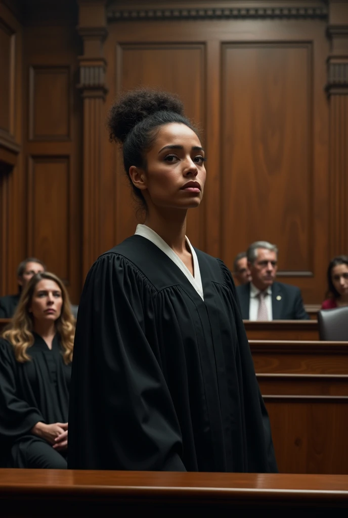 image of a court case (female judge) where the psychologist accuses her psychologist partner of stealing her patient (with her lawyers)