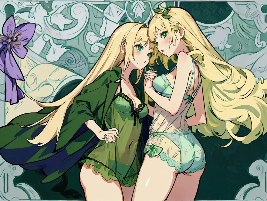 2 girls, Twins, small breast and big butt, large breasts and small butt, blonde with green bangs and blonde with purple bangs, pajama lingerie, holding hands, cuteness, blue eyes, green eyes