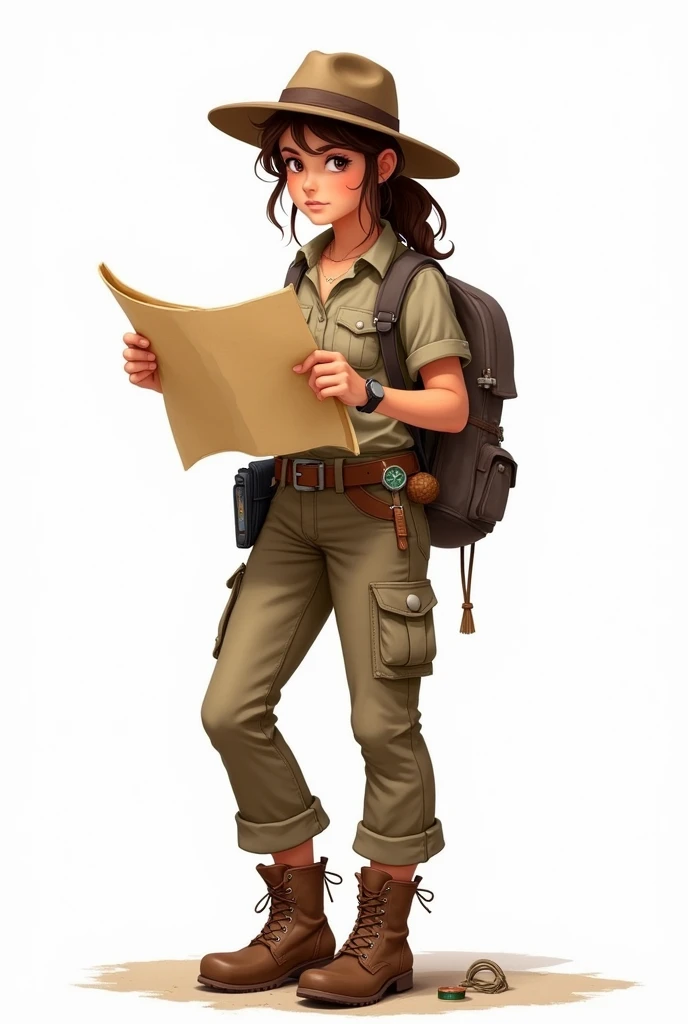 Create an archaeologist wearing treasure-hunting attire against a white background. Make her younger now. Have her looking at a map.