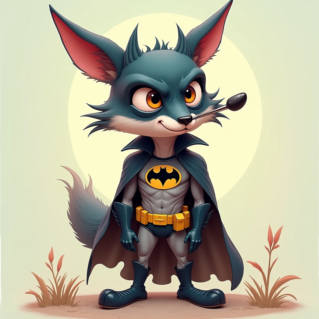 a whimsical caricature of an anthropomorphic Foxhunter wearing a Batman mask, soft pastel colors, ethereal punk atmosphere, Looney Tunes art style, cartoon character, digital art, character design, hyperrealistic, detailed portrait, highly detailed, 4k, 8k, photorealistic, masterpiece, best quality