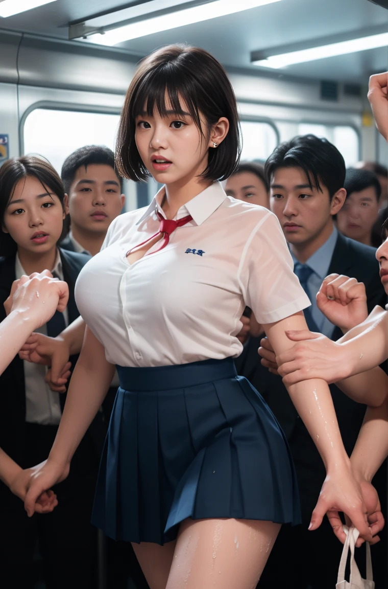 (molestation:1.8) japanese woman crying in the train, very big breasts, oversized breasts, (K-pop idol face)((white short sleeve shirt,darkblue neckribbon,darkblue pleated short skirt, darkbrown short length hair,bangs,ear,red cheek:1.2)),japanese woman crying in the train, very big breasts, oversized breasts, (K-pop idol face)(breasts grab, in the train, grab your butt, Multiple men around her grab her breasts, Chest grab, multiple hands, masterpiece, highest quality, very detailed, molestation, crowd of Business men, very realistic face, very realistic eyes, crowd of men around her, the person who grabs her body, they squeezed her chest, molestation, masterpiece, highest quality, very detailed, 1 girl, multiple hands, Grab her ass with the crazy crowd, Chest grab, the men around her, squeezed her body, Many Business people grab girls chests, Be beaten, pulling on clothes, very wet and sweaty, grab clothes, (There are no women in the crowd:1.5), man with necktie