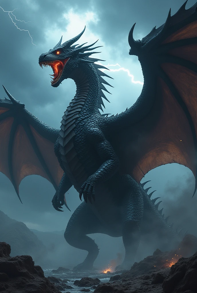 Gigantic monstrous Black Dragon roaring to the heavens