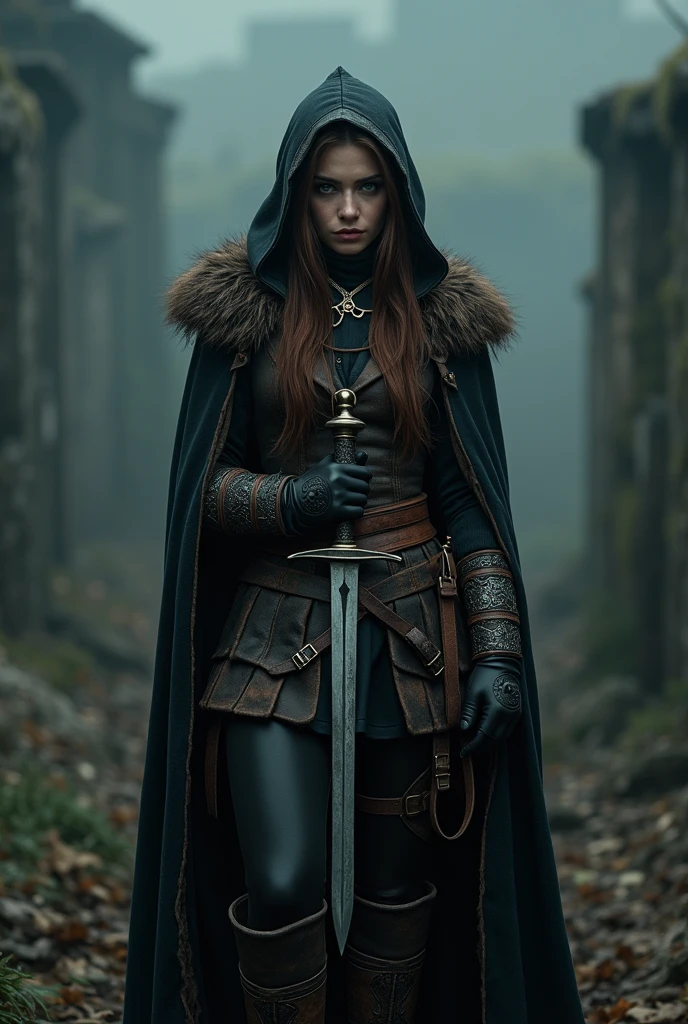 Make Lili Collins with black medieval hunter clothes in the style of the Witcher and a bayonet