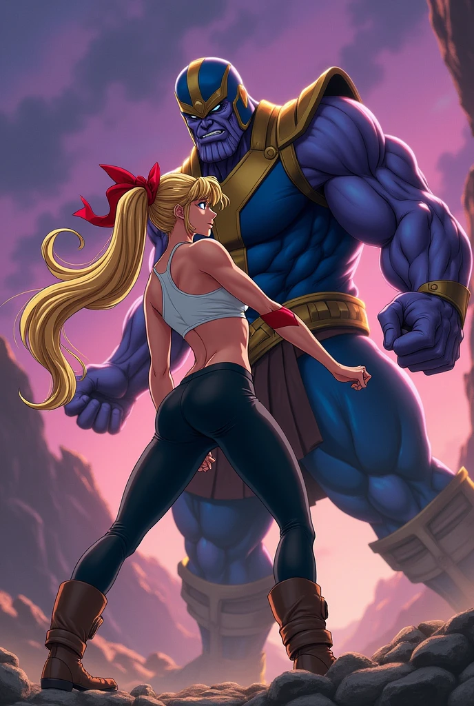 A toned woman,long yellow hair tied with a red ribbon,blue eyes,a white sleeveless tank top,a red band on one of her arms, black pants clinging to his legs,brown boots beating up Thanos in a rocky setting with a deep purple sky(anime style,dragon ball)