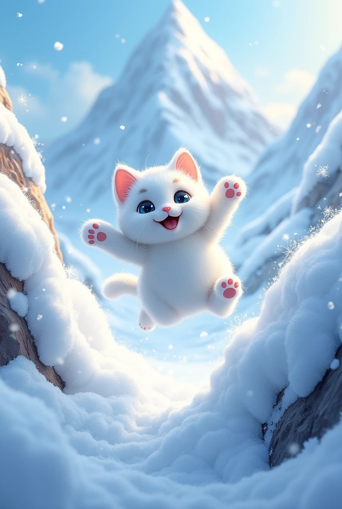 Cute snow cat, jumping from an avalanche