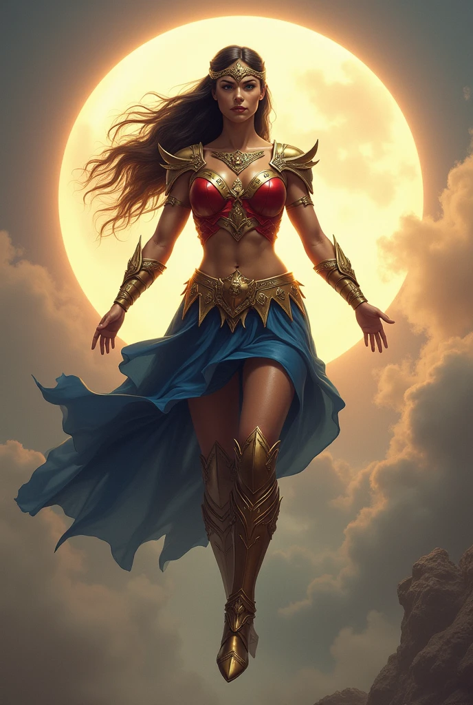 Create m,
A powerful female warrior floats in mid-air, framed by a glowing halo-like circle of light behind her. She is dressed in an armored outfit that blends ancient and modern aesthetics. The top is a red and gold metallic bodice with a blue skirt made of armored scales. Her legs are adorned with intricate, golden thigh-high boots with sharp edges and metallic accents. She wears silver bracers on her forearms, and a tiara crowns her head, holding back her long, flowing dark hair. Her expression is fierce and determined, as if ready to face any challenge. The background features a dramatic, cloudy sky, adding to the epic and heroic atmosphere of the scene