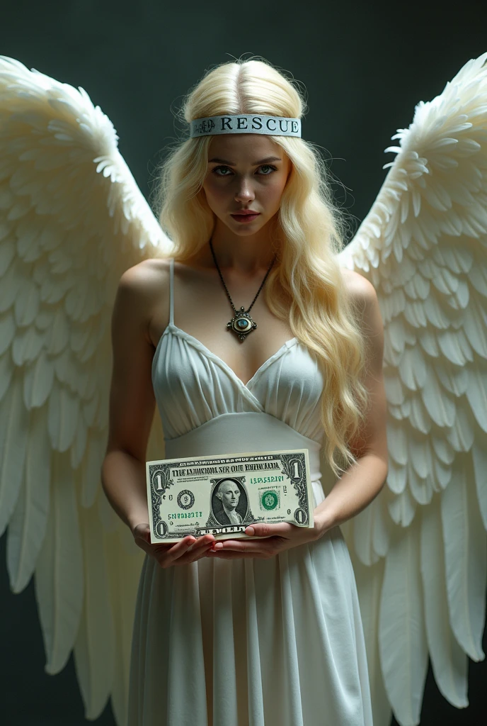 a one woman, blonde, off , blonde, with the feathers wide open . Ela está segurando uma nota off dólar no meio das pernas. She has a pendant with the eye of divine providence.. She has a headband with EXACTLY the lyrics: RESCUE