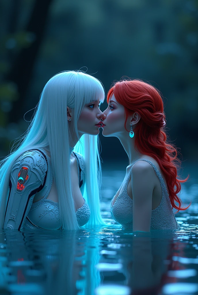 ((best quality)), ((masterpiece)), (detailed), (total body), perfect face, two beautiful woman the first has white long hair and a sky blue reflection, she has a tufted fringe, she has sky blue eyes, she has total black cyber suit clothes with some neon sky blue lights on it, cyber line on her face, she is sad, she is lying on the water in a pond, in the night with skyblue lights, total body. In the water there is a mermaid with red hair and blue eyes, she want to kiss the girl with white hair. Two girls.