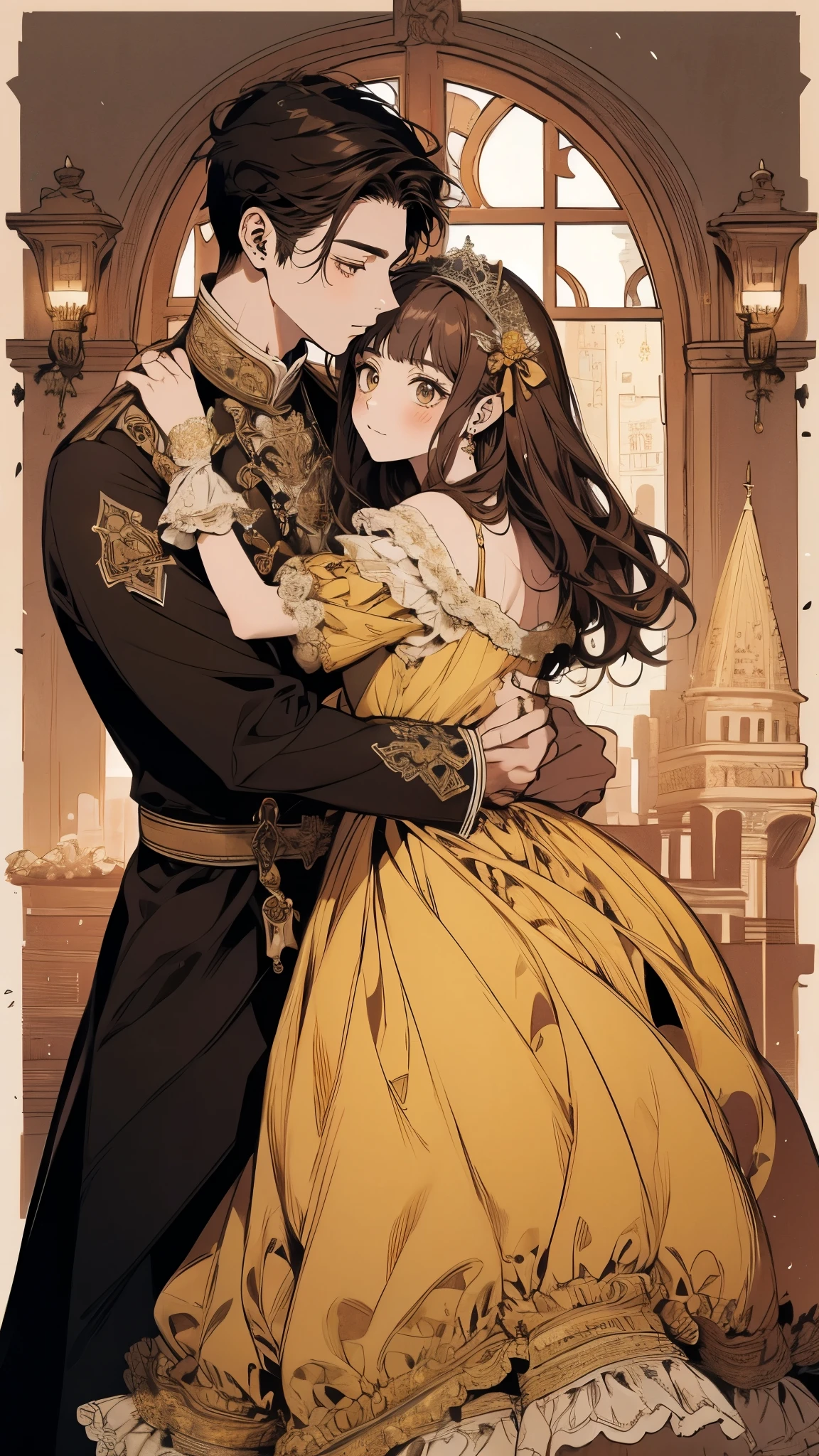 Princess、Prince、Brown Hair、Yellow long dress、Dance、Castle、smile