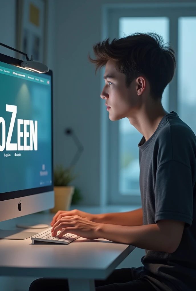 Create a 4D, 4K image of a real young adult wearing everyday clothes, sitting in front of a computer registering on a website. The screen displays the name 'AuroZen' in large letters, as realistically as possible. 