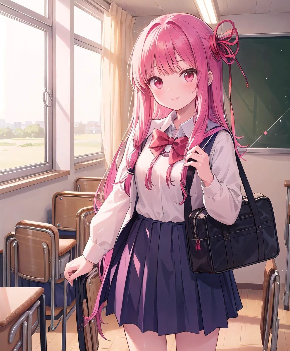 (masterpiece, Highest quality:1.2), alone, One person, Kotonoha Akane,school,(((school uniforms:1.4))),Cinema Lighting,Hair Ribbon:1.2,Black Dress,school uniform,whole body,Perfect composition,smile,bag:1.2,classroom