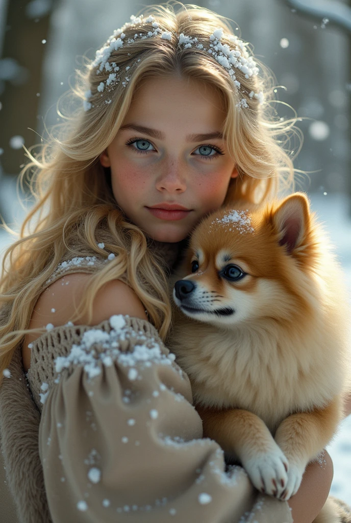 a beautiful girl with long blonde hair, detailed eyes, nose, and lips, in the snow with a pomeranian in her arms, a woman who looks like alisha lehmann, realistic, (best quality,4k,8k,highres,masterpiece:1.2),ultra-detailed,(realistic,photorealistic,photo-realistic:1.37),detailed facial features, beautiful flowing hair, soft skin, snow covered forest background, warm lighting, depth of field, intricate details, cinematic composition, dramatic lighting, muted color palette, atmospheric haze