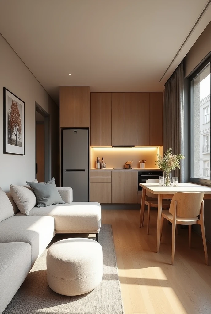 Create a 24 sqm studio equipped with a closed kitchen