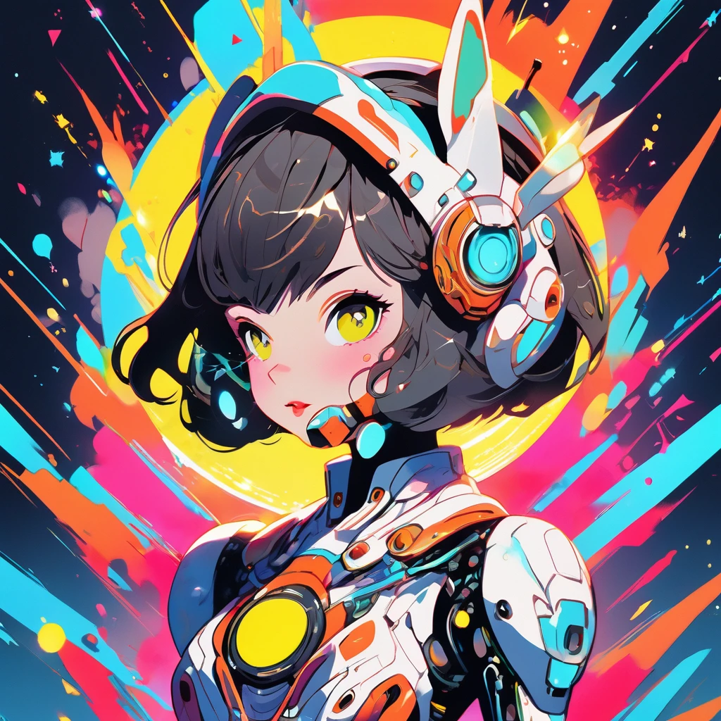 1girl, wink, short hair, dressed with futuristic suit, robotic rabbit ears ,v pose ,space in background, detail richness, masterpiece, best quality, explosion of flashy colors