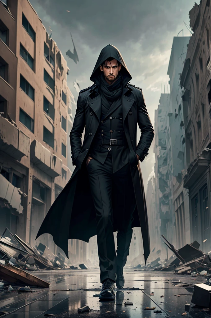 A man in a long black trench coat and a standing hood, in a destroyed city.