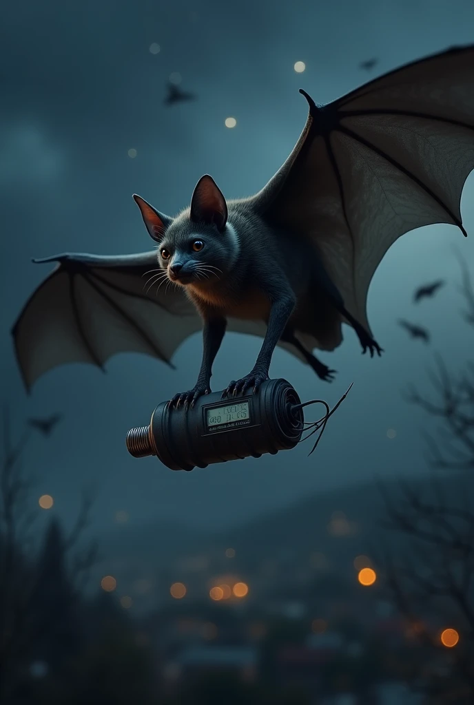 Create a realistic image of a bat carrying a bomb. The bat doesn't need to be monstrous. 