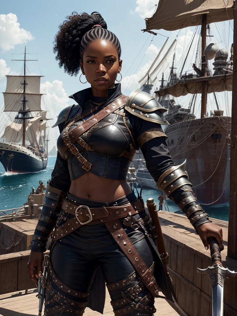 A black woman with snake hair in a port in front of a ship, Wearing armor of beaten leather, a shirt underneath, leather pants and a boot, showing her dominance as captain of the ship and with an outgoing personality, with two swords in their scabbard and an old pistol.