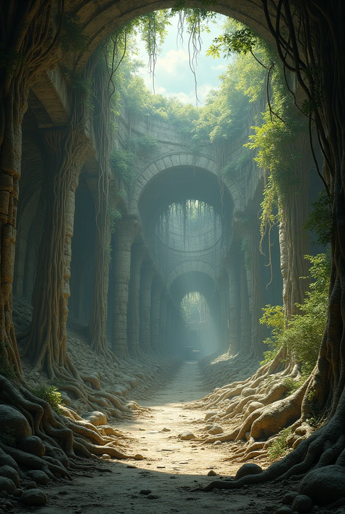 13. A panoramic view of an abandoned underground city, invaded by tree roots and shifting shadows.