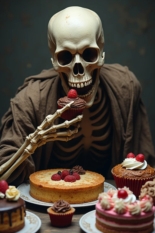 A scary skeleton eating a chocolate cupcake,lot of cakes around him.