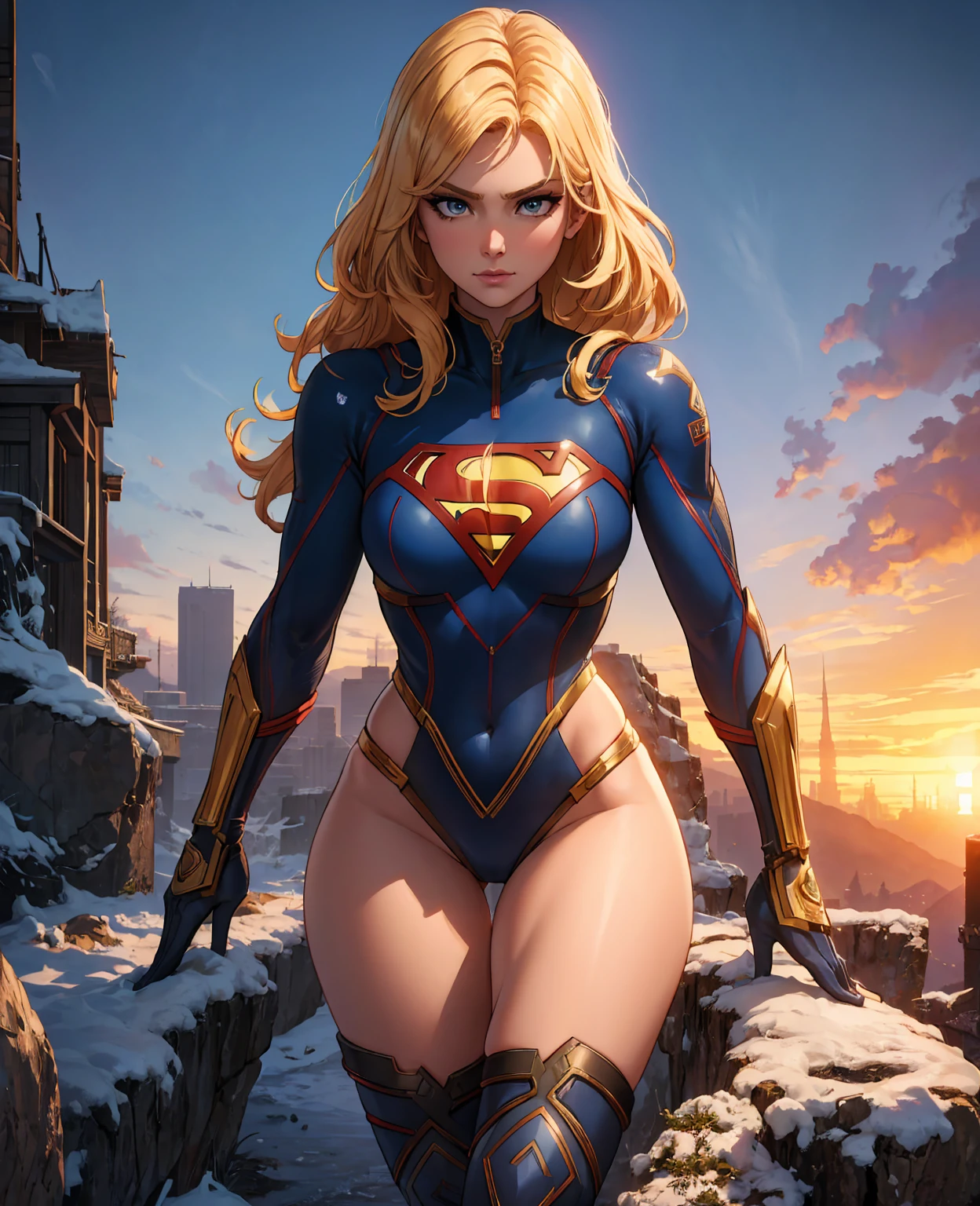 Supergirl, above the city, preparing for battle, detailed artistic photography, beautiful detailed face, dreamy, glowing, backlit, glamour, glow, shadows, oil on canvas, brush strokes, soft, ultra high definition, 8k, unreal engine 5, ultra focus sharp, artgerm, loish, sf, intricate art masterpiece, menacing, matte paint movie poster, golden ratio, trends in cgsociety, intricate, epic, highly detailed, vibrant, production cinematic character rendering, quality model ultra high  