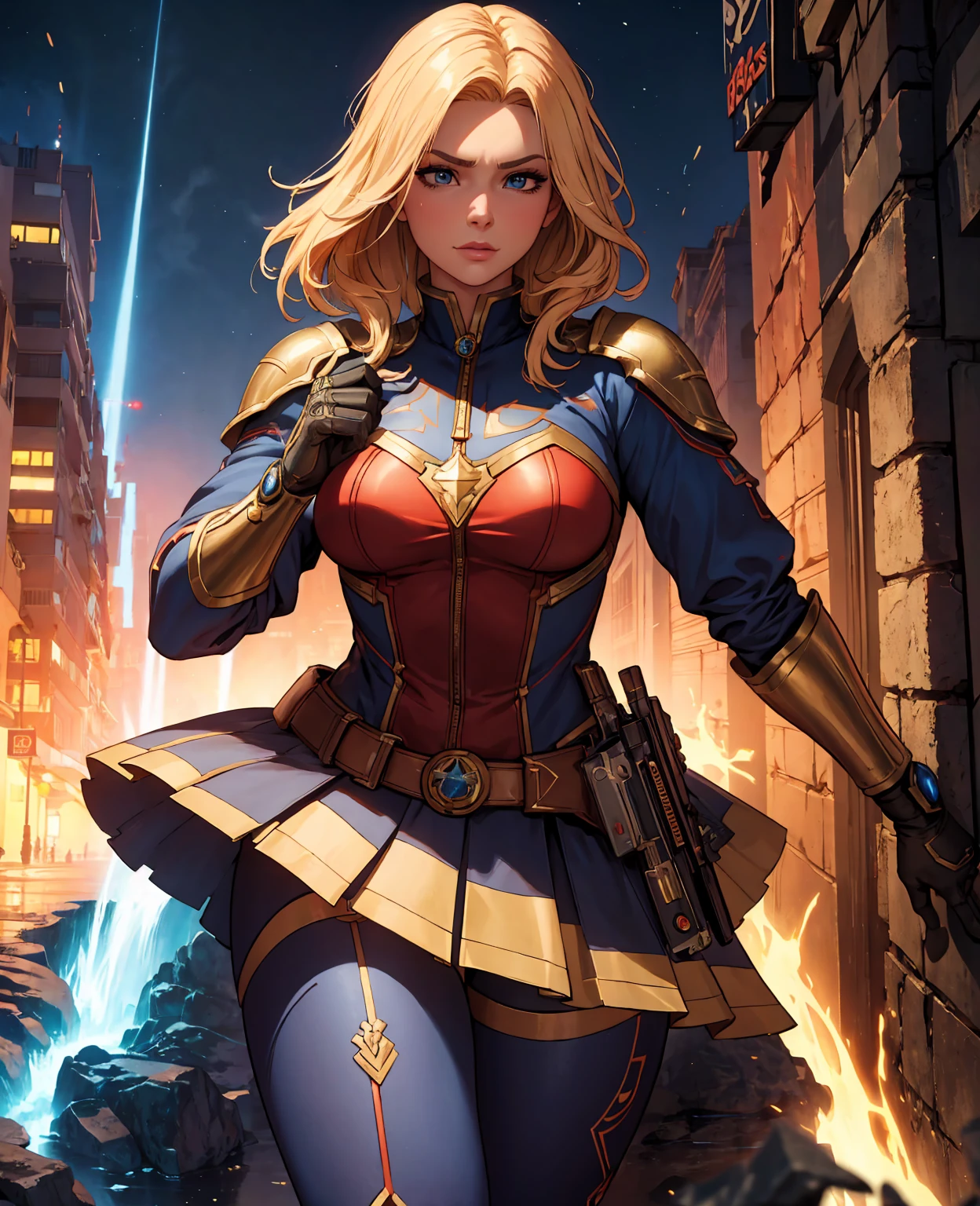 Supergirl, above the city, preparing for battle, detailed artistic photography, beautiful detailed face, dreamy, glowing, backlit, glamour, glow, shadows, oil on canvas, brush strokes, soft, ultra high definition, 8k, unreal engine 5, ultra focus sharp, artgerm, loish, sf, intricate art masterpiece, menacing, matte paint movie poster, golden ratio, trends in cgsociety, intricate, epic, highly detailed, vibrant, production cinematic character rendering, quality model ultra high  