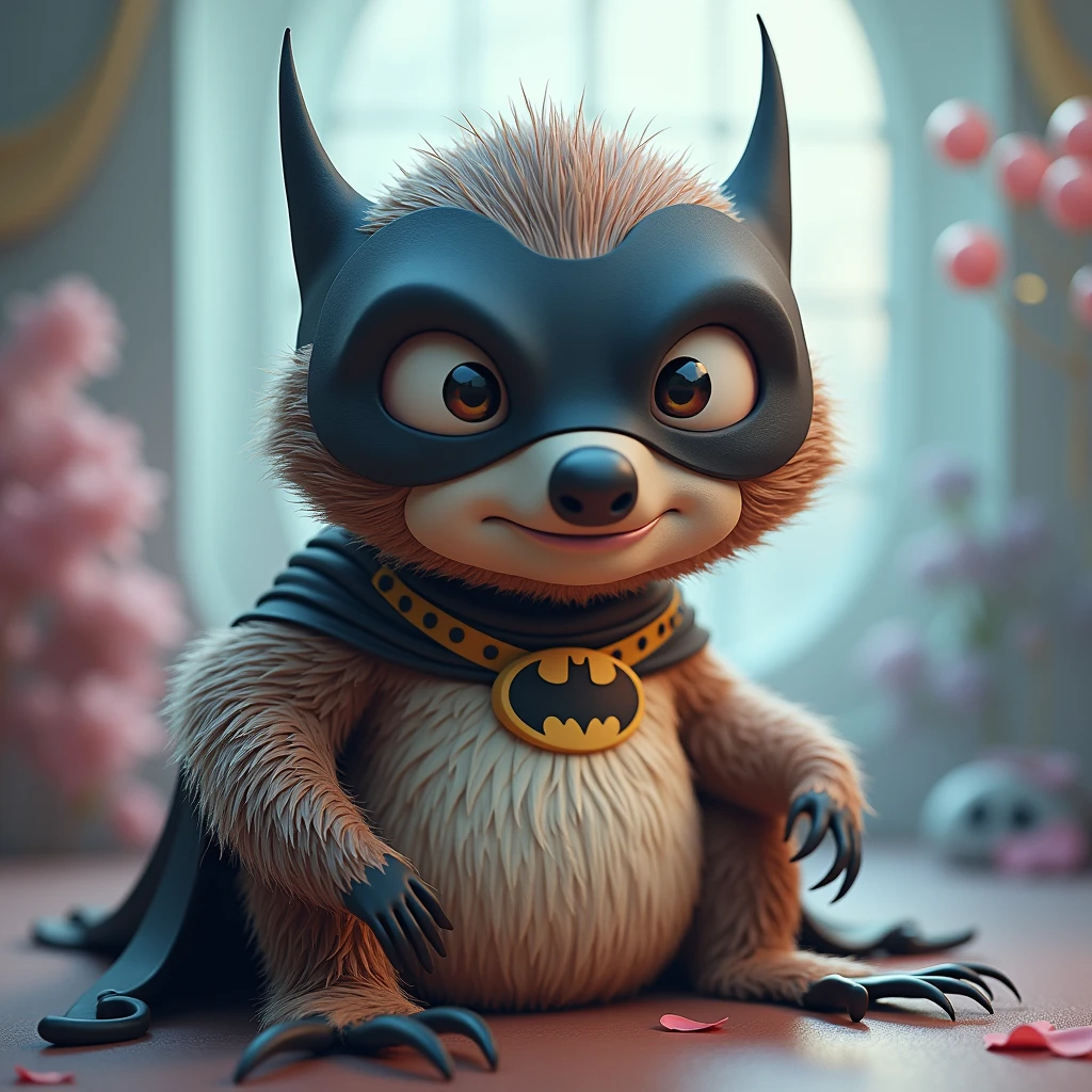 a whimsical caricature of an anthropomorphic sloth wearing a Batman mask, soft pastel colors, ethereal punk atmosphere, Looney Tunes art style, cartoon character, digital art, character design, hyperrealistic, detailed portrait, highly detailed, 4k, 8k, photorealistic, masterpiece, best quality