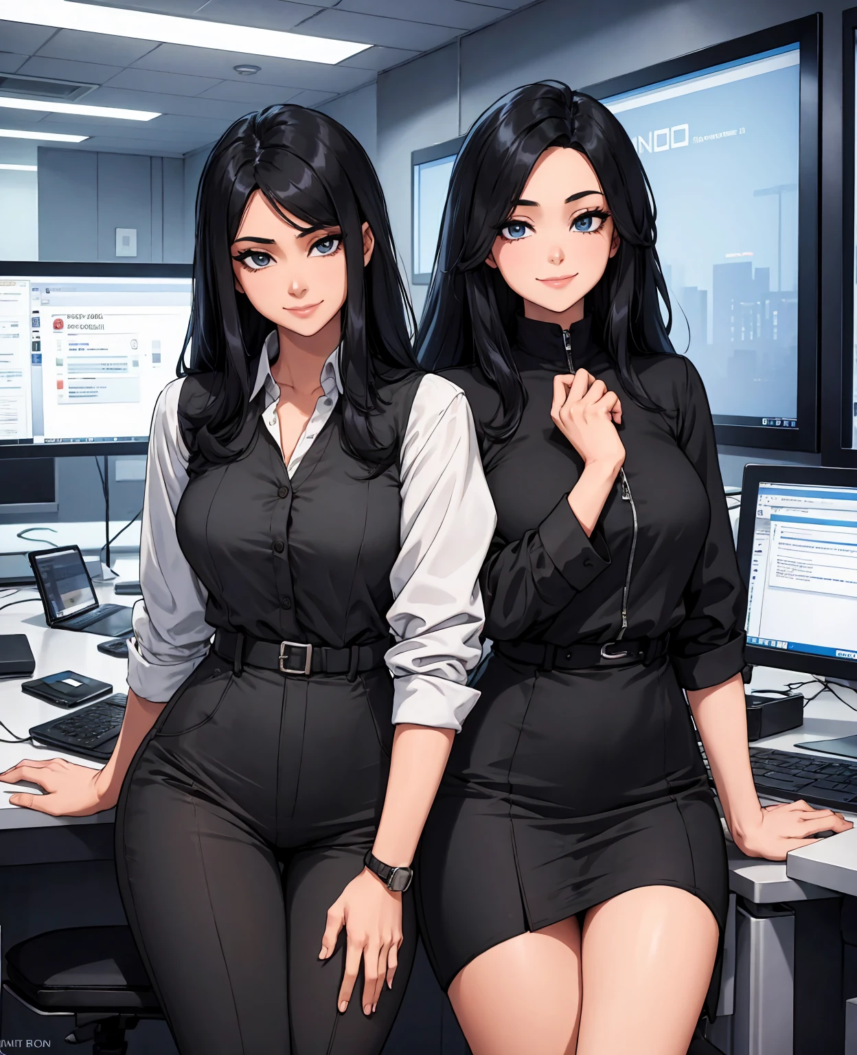 The male protagonist talks with a woman with black long hair professional clothes, the woman smiles and the picture is pleasant, in five luxurious offices