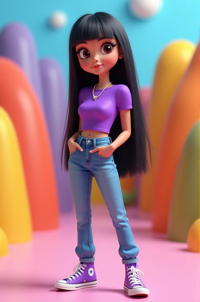 A funny cartoon character with long straight black hair, brown eyes, purple blouse, jeans and lilac All Star sneakers