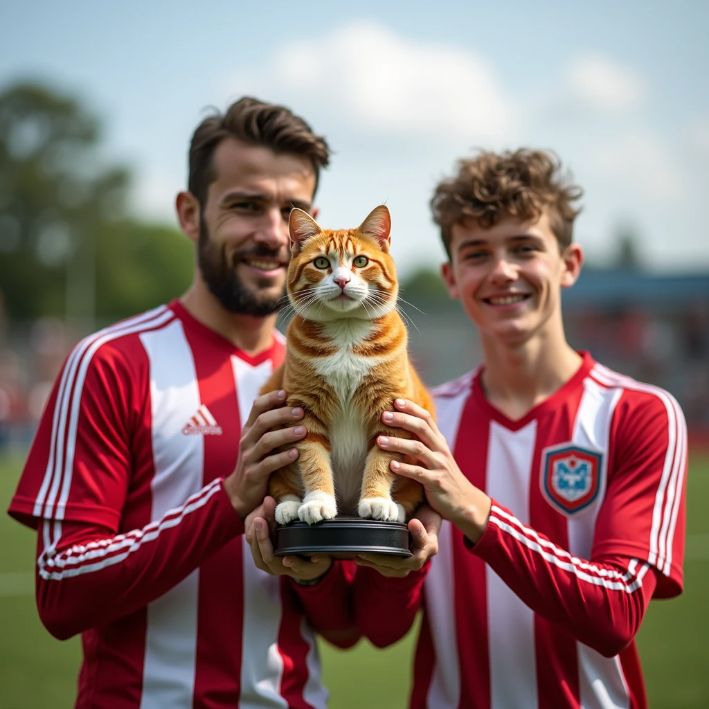 Soccer players holding up a cat trophy