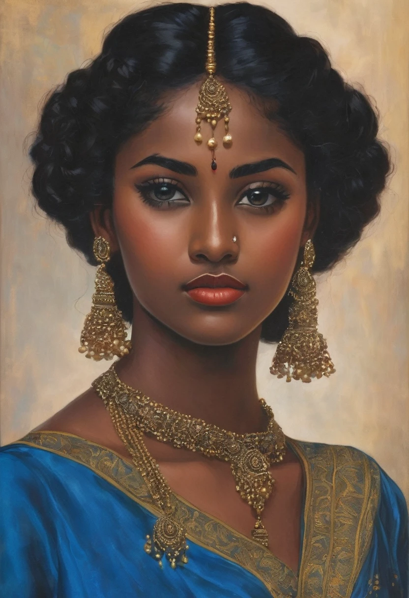 Image of a nineteen year old girl: She is a mulatta, She has dark skin, miniature face, big black doe eyes, Plump lips, thin eyebrows and sharp cheekbones. She has black curly hair. She is wearing a blue silk dress. The girl is incredibly beautiful.