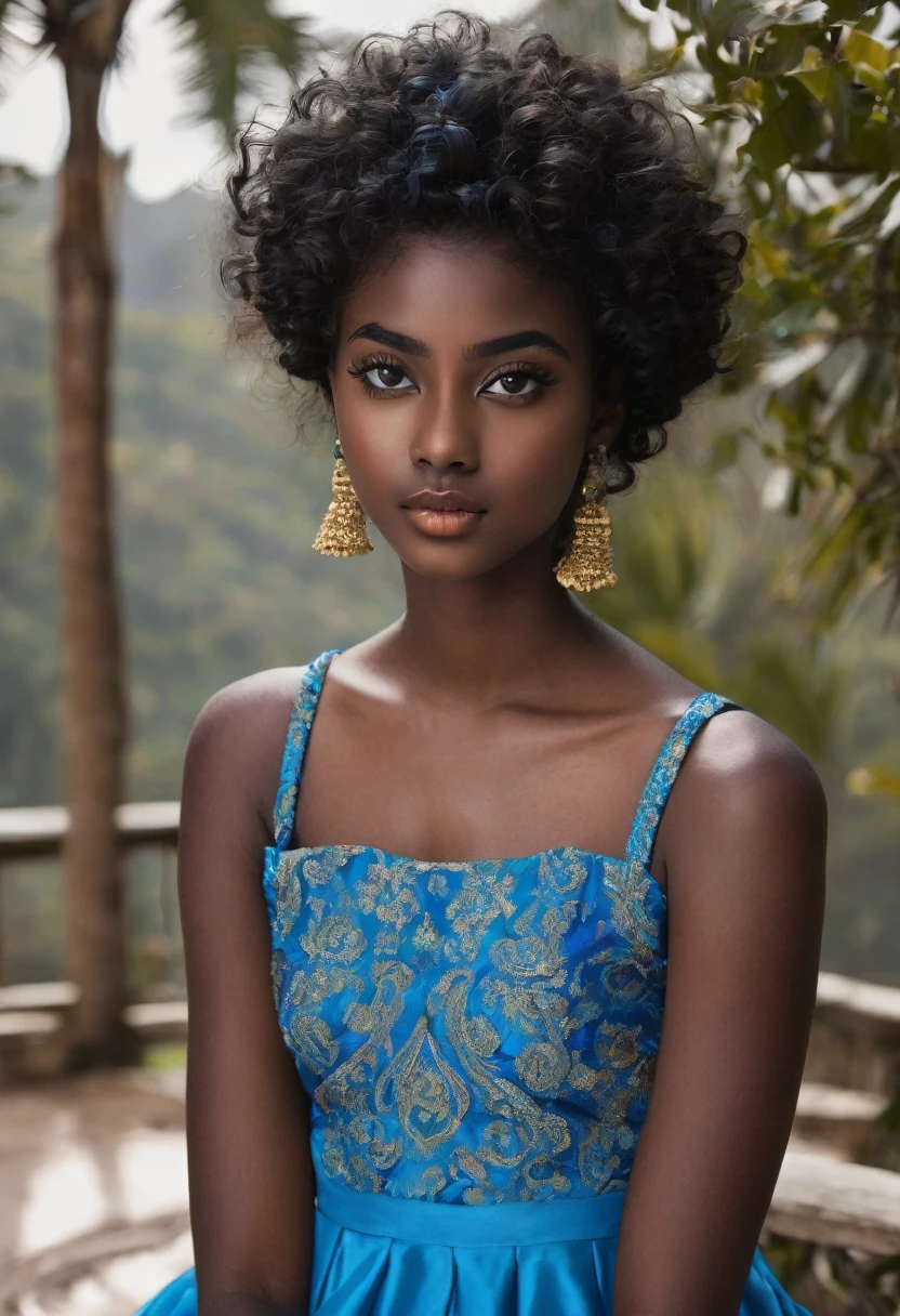 Image of a nineteen year old girl: She is a mulatta, She has dark skin, miniature face, big black doe eyes, Plump lips, thin eyebrows and sharp cheekbones. She has black curly hair. She is wearing a blue silk dress. The girl is incredibly beautiful.