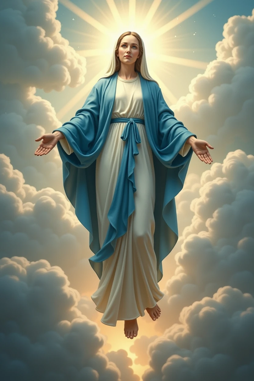 create a realistic image of Our Lady wearing blue and white clothing on the day of the “Assumption of Our Lady”, celebrated annually on August 15th, is one of the most significant dogmas of the Catholic Church. Proclaimed by Pope Pius XII in 1950, este dogma afirma than a Virgem Maria foi elevada ao céu em corpo e alma ao término de sua vida terrena. This belief reflects the purity and holiness of Mary, than, of the Assumption of Mary, who did not experience the corruption of the body after death. The Assumption is seen as a sign of hope and comfort for the faithful, indicando than todos os than seguem a Cristo também serão elevados à glória celestial. Explore the history, the theology and liturgical celebrations associated with the Assumption of Our Lady, and how this event continues to inspire the devotion and faith of Catholics around the world.