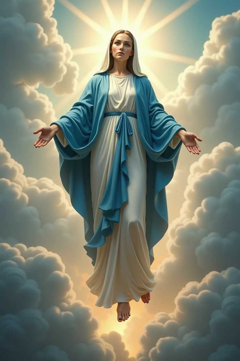 create a realistic image of Our Lady wearing blue and white clothing on the day of the “Assumption of Our Lady”, celebrated annually on August 15th, is one of the most significant dogmas of the Catholic Church. Proclaimed by Pope Pius XII in 1950, este dogma afirma than a Virgem Maria foi elevada ao céu em corpo e alma ao término de sua vida terrena. This belief reflects the purity and holiness of Mary, than, of the Assumption of Mary, who did not experience the corruption of the body after death. The Assumption is seen as a sign of hope and comfort for the faithful, indicando than todos os than seguem a Cristo também serão elevados à glória celestial. Explore the history, the theology and liturgical celebrations associated with the Assumption of Our Lady, and how this event continues to inspire the devotion and faith of Catholics around the world.