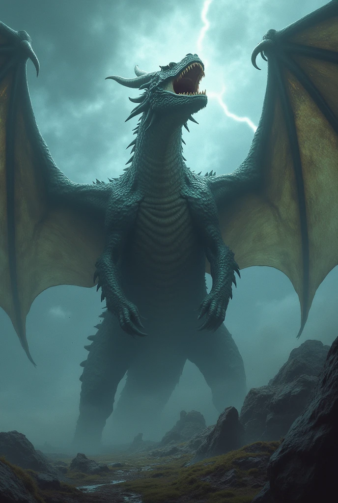 Giant monstrous 4 winged dragon screaming at the sky