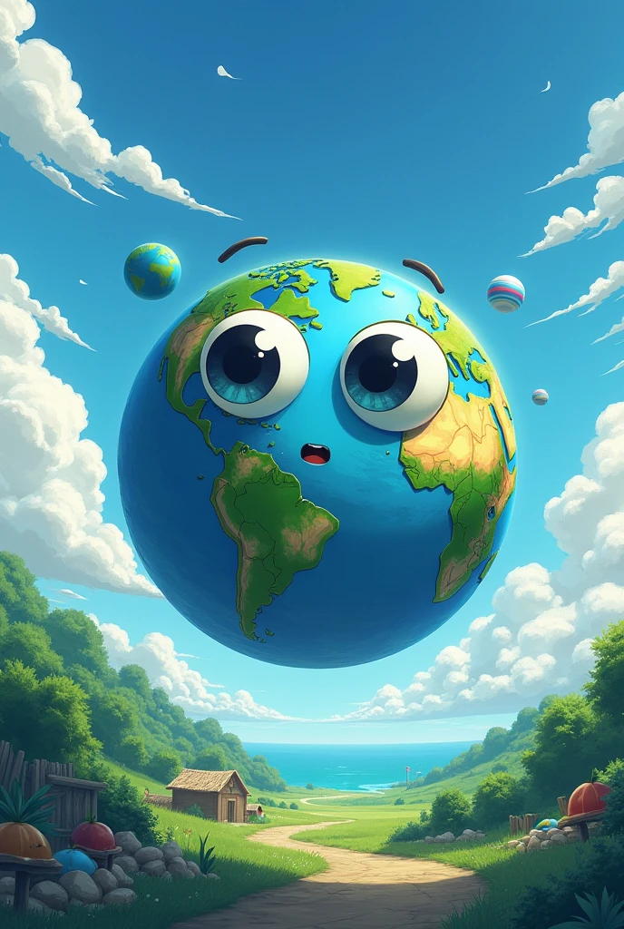 planet Earth, without environmental pollution, with eyes, nice background, anime style.