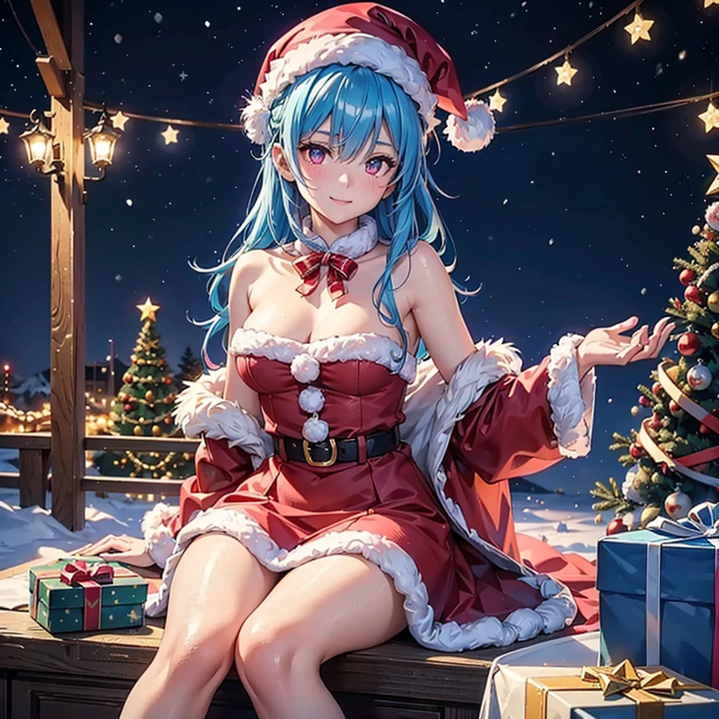 (Sky blue hair tied in a single strand),(Pink Eyes),Fair Skin,Full Body,Alone,smile,Santa Claus Clothes,Giant Christmas Tree in the Background,Snowy Night,Sparkling Night Sky,gift box,(Masterpiece, Top Quality, Very Detailed), Best Shadows,Detailed Background,Beautifully Detailed Face,High Contrast,Best Lighting, Very Delicate and Beautiful,Cinematic Light,Hyper Detail,8k,Dramatic Light,Exquisite Detail,Christmas colors,