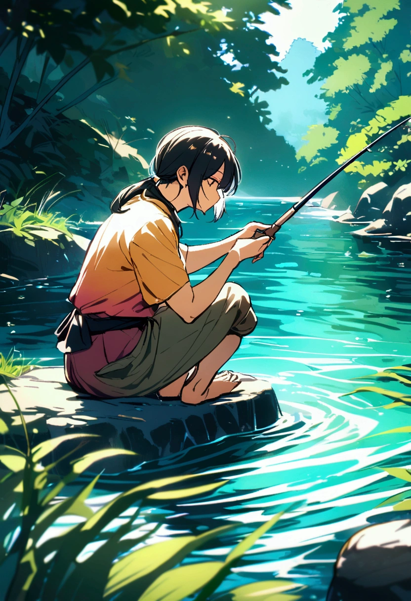 A Taino man fishing in a river 