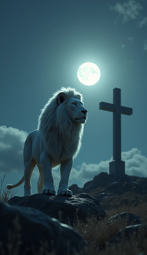 Generate an ultra realistic 8k image of a strong robust Albino Lion looking at the cross at Calvary.. the moonlight