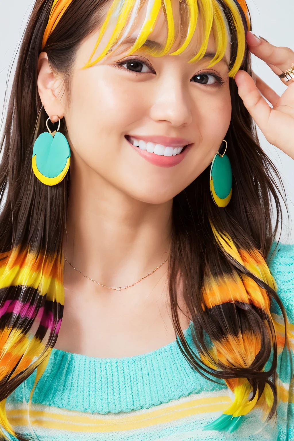 Portrait of a sweet casual look hairstyle for a spring and summer magazine cover, a close up of a realistic cute Japanese woman with a charming smile, a chubby face, round cheeks, soft freckles, beautiful cat-like eyes, precise shape nose, natural curled lashes and expressive heart-shaped lips, swept bangs,Two-Tier Inverted shoulder length hair cascading down her shoulders, (Wavy hair:1.3), streak hair ((long yellow hair:1.5), (streaked mint green:1.3), (streaked orange:1.3), braided double buns, charming smile with showing teeth, Makeup with peach-pink lips, rosy checks, shiny eyeshadow, winged eyeliner, It creates a cheerful and positive vib, hippie-inspired off shoulder crocheted-multicolored-sweater:1.1, numerous piercings, colorful southwestern vintage earings up to the shoulders and. Jewelry, chocker, colorful nailpolish, (realistic woman) ,(ulzzang-6500:0.4)