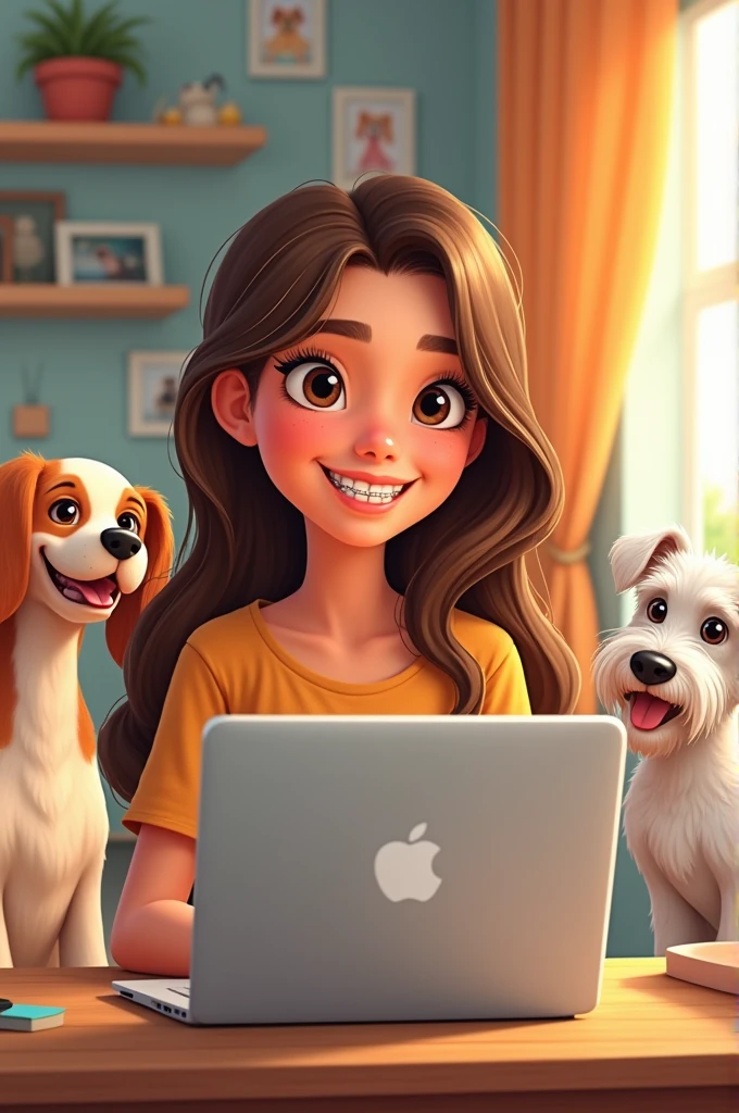 Image of a 30-year-old Colombian woman, long, light brown hair with blonde highlights, smiling with braces, sitting in front of a laptop from her room at a desk, with a honey-colored cocker spaniel and a white schnauzer dog in the background, looking like a Pixar character