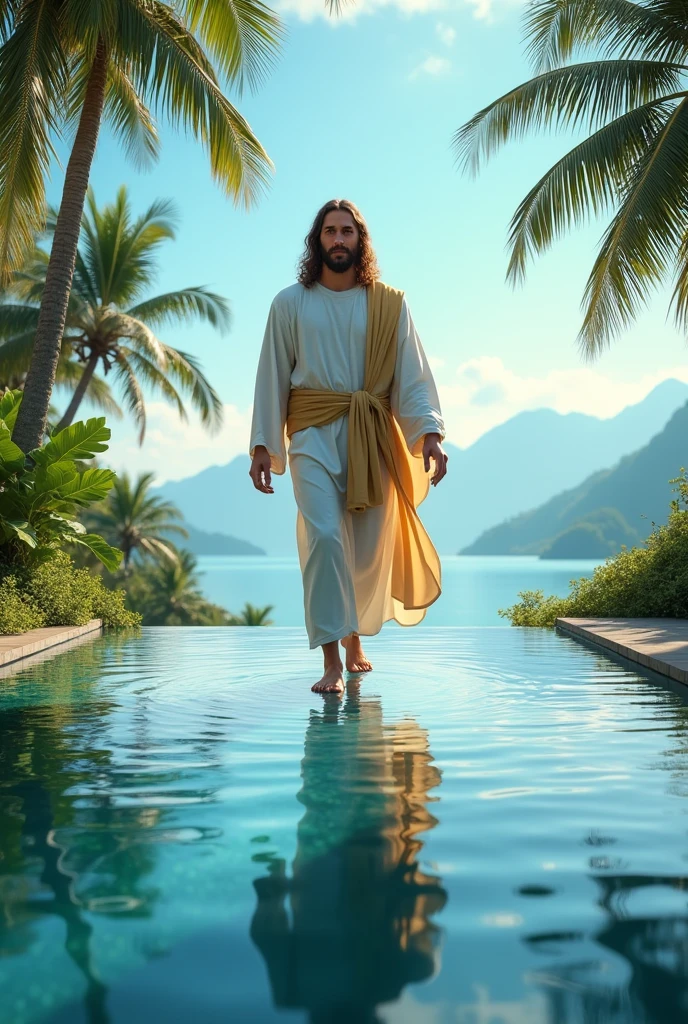 Jesus Christ is walking on the water of a tropical infinity pool 