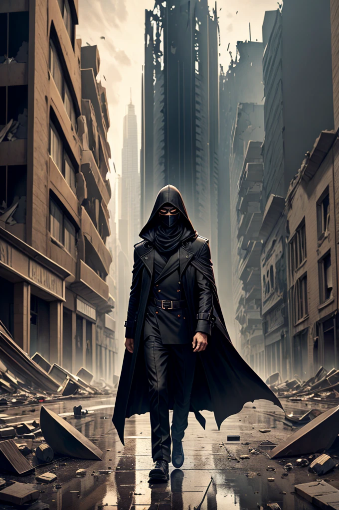 A man in a mask and long black trench coat and a standing hood, in a destroyed city.